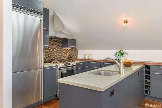 kitchen featuring sink, backsplash, stainless steel appliances, dark wood-type flooring, and wall chimney exhaust hood