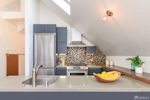 kitchen featuring wall chimney exhaust hood, lofted ceiling with skylight, sink, appliances with stainless steel finishes, and backsplash