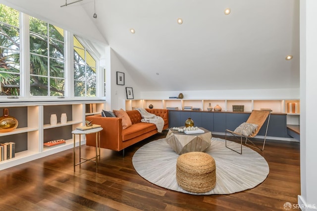 sitting room with lofted ceiling, dark hardwood / wood-style floors, and built in features