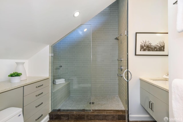 bathroom with vanity, toilet, and walk in shower