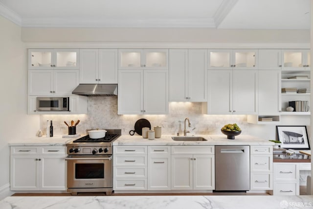 2531 Gough St, San Francisco, CA 94123 - kitchen featuring appliances with stainless steel finishes, under cabinet range hood, white cabinetry, backsplash, and ornamental molding