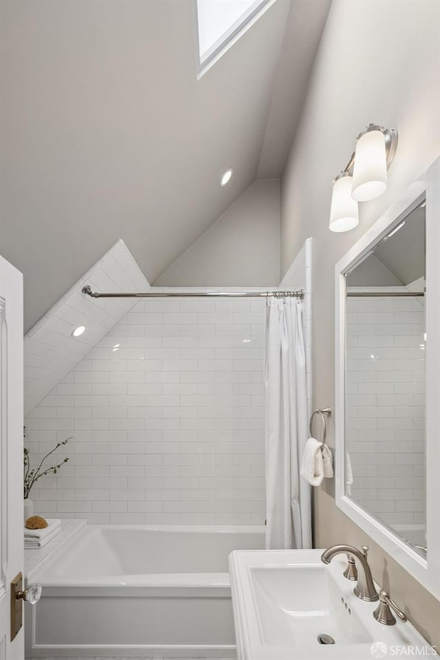 2531 Gough St, San Francisco, CA 94123 - full bathroom featuring lofted ceiling, shower / bathtub combination with curtain, and vanity