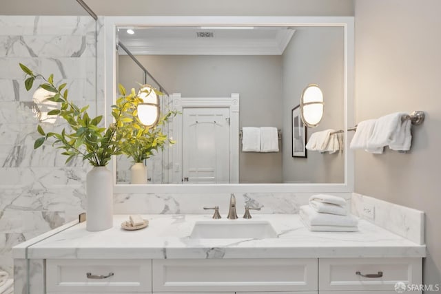 2531 Gough St, San Francisco, CA 94123 - bathroom with vanity, ornamental molding, and decorative backsplash