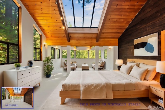 carpeted bedroom with wood ceiling, beam ceiling, and high vaulted ceiling