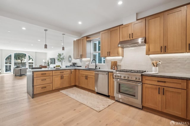 kitchen with a peninsula, light wood-style flooring, a sink, appliances with stainless steel finishes, and under cabinet range hood