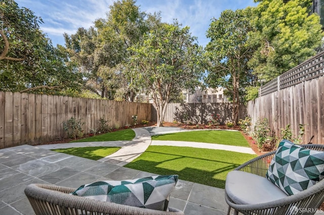 view of yard featuring a patio area and a fenced backyard