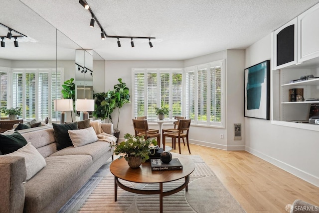 living area featuring rail lighting, a wealth of natural light, baseboards, and light wood finished floors