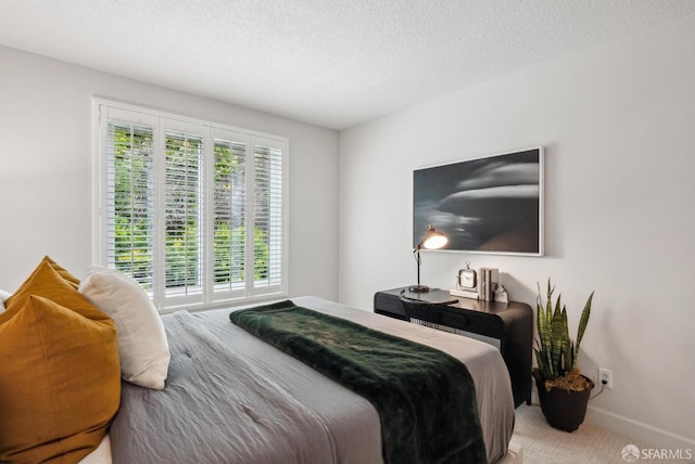 bedroom with baseboards, a textured ceiling, and carpet