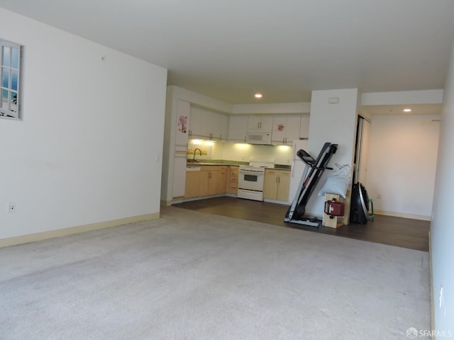 unfurnished living room featuring light carpet and sink