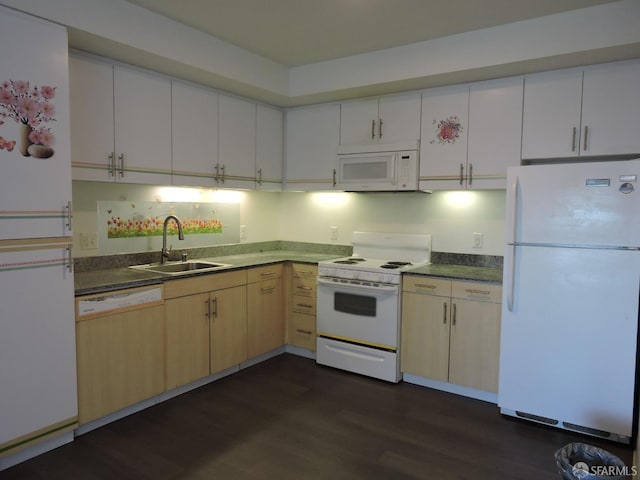 kitchen featuring dark wood-type flooring, light brown cabinetry, sink, and white appliances