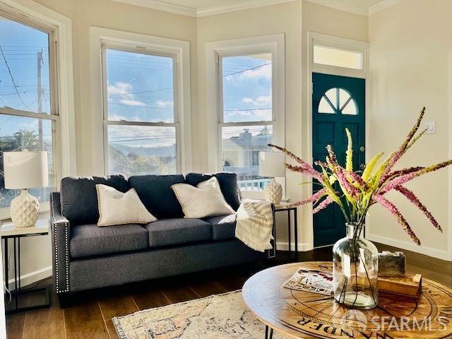 living room featuring ornamental molding and dark hardwood / wood-style floors