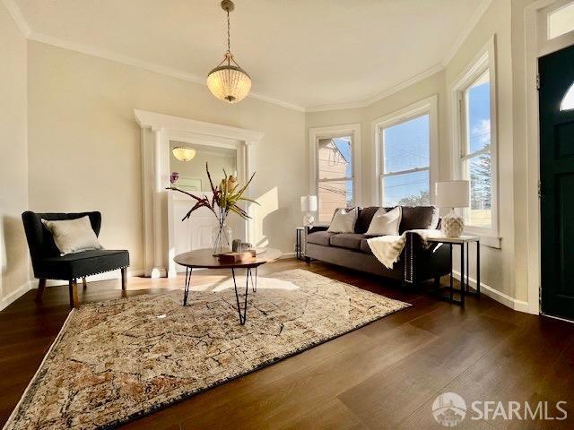 sitting room with dark hardwood / wood-style flooring and ornamental molding