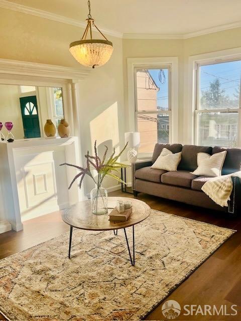 sitting room featuring crown molding and hardwood / wood-style floors