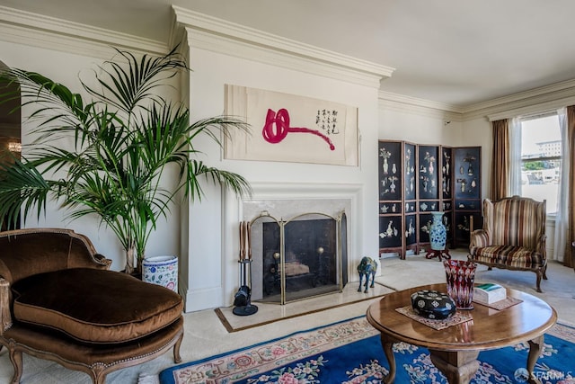 living room featuring ornamental molding and a high end fireplace