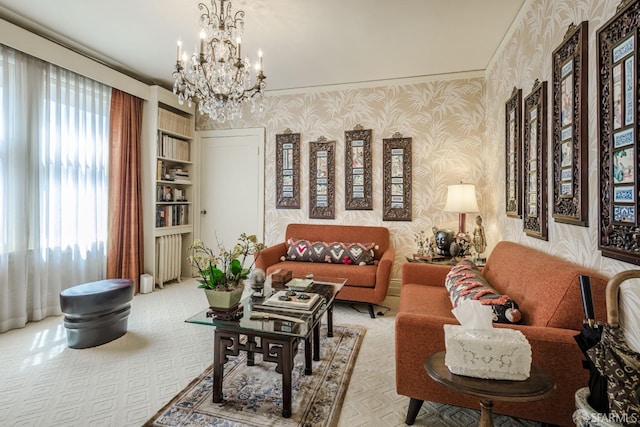 interior space with wallpapered walls, a chandelier, and a wealth of natural light