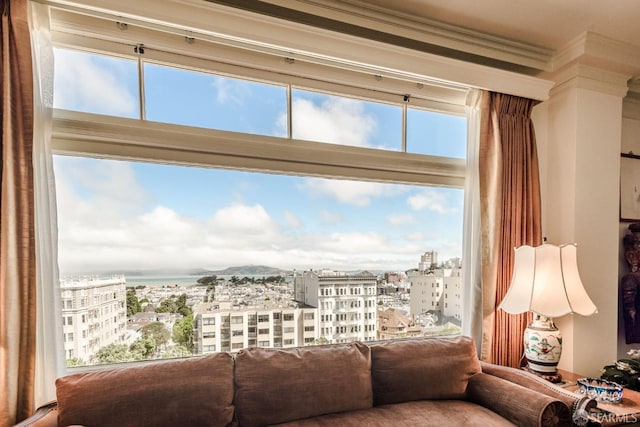 living room featuring a view of city