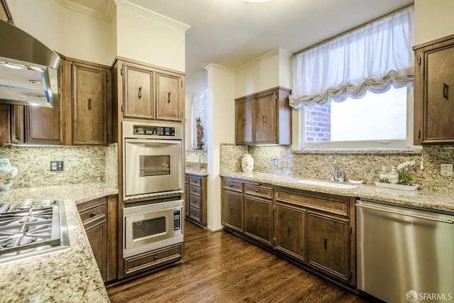 kitchen with dark wood-style floors, tasteful backsplash, appliances with stainless steel finishes, a sink, and extractor fan