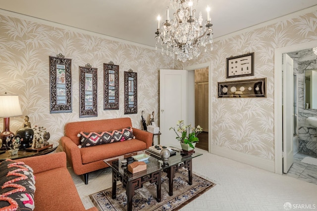 living area featuring baseboards and wallpapered walls