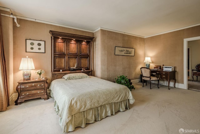 bedroom with light carpet, crown molding, and baseboards