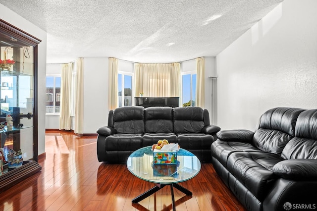 living room with wood finished floors and a textured ceiling