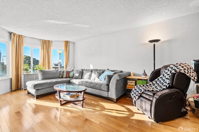 living room with light wood-style floors and a textured ceiling