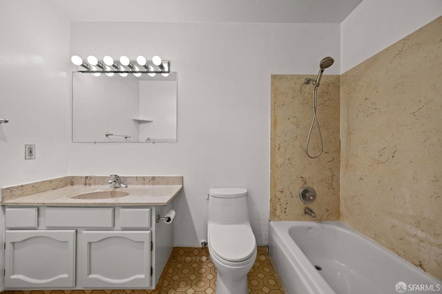 full bath with shower / bathtub combination, vanity, and toilet