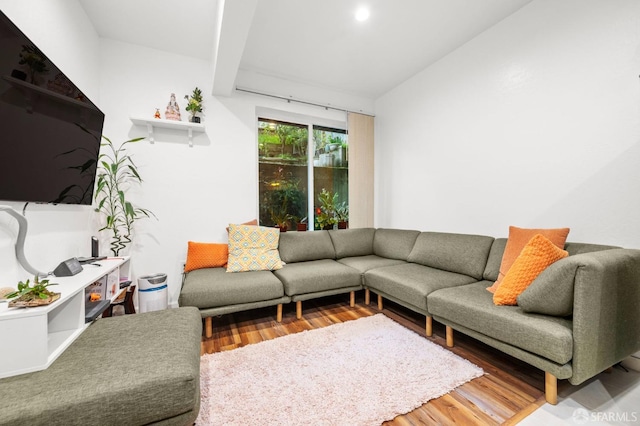 living room with vaulted ceiling and wood finished floors
