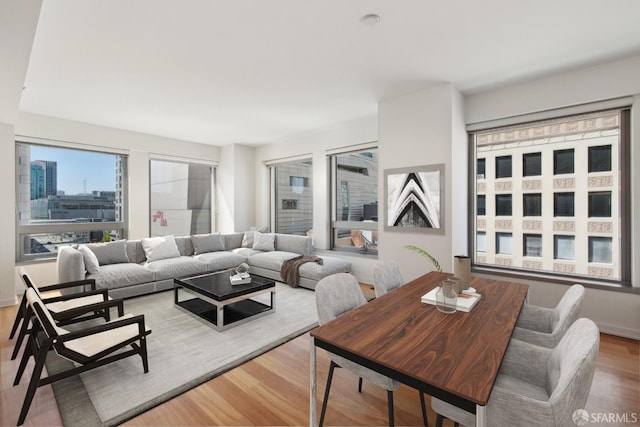 living area featuring a city view and wood finished floors