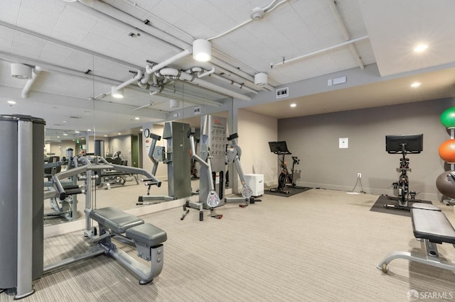 gym featuring recessed lighting, carpet, visible vents, and baseboards