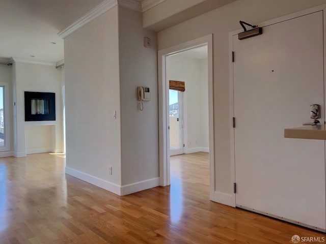 corridor featuring ornamental molding and light wood-type flooring