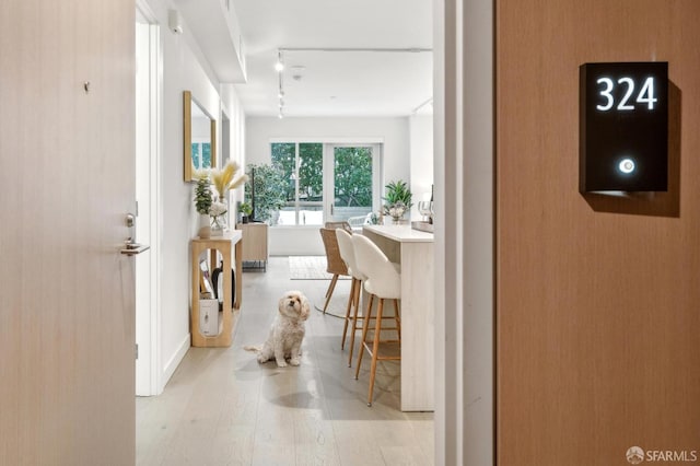 hall featuring rail lighting and wood finished floors