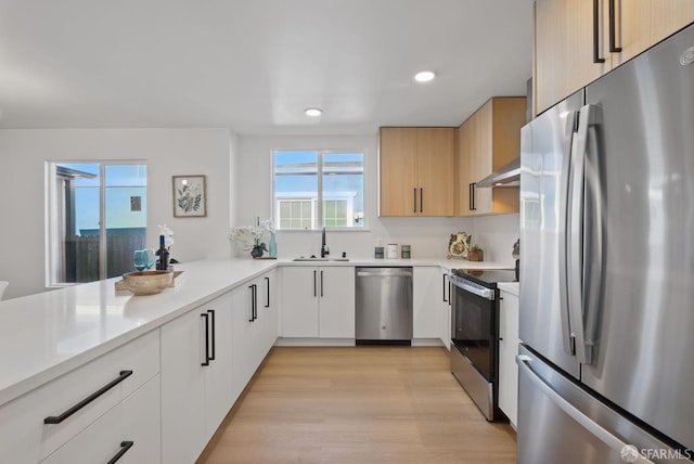 kitchen featuring stainless steel appliances, light brown cabinetry, light wood-type flooring, white cabinetry, and sink