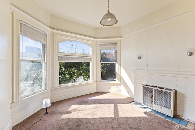 unfurnished living room with baseboards, carpet floors, heating unit, and a healthy amount of sunlight