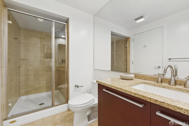 bathroom featuring tile patterned floors, visible vents, toilet, a stall shower, and vanity