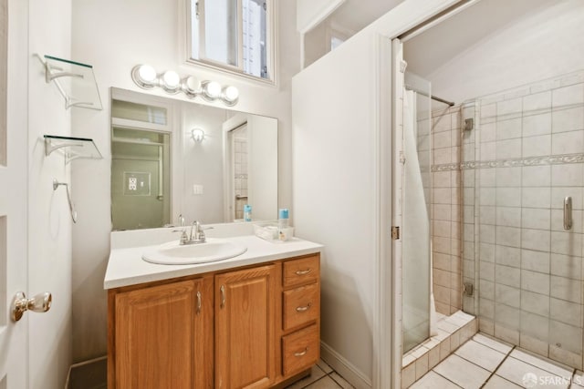 full bathroom featuring a shower stall, vanity, and tile patterned flooring