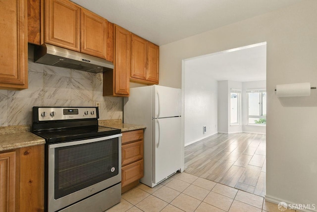 278 7th Ave, San Francisco, CA 94118 - kitchen with stainless steel range with electric cooktop, under cabinet range hood, freestanding refrigerator, backsplash, and brown cabinets