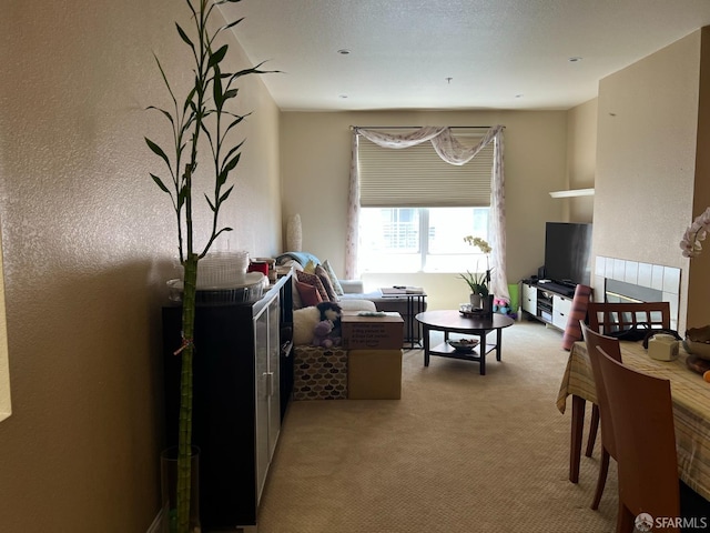 living room featuring light carpet