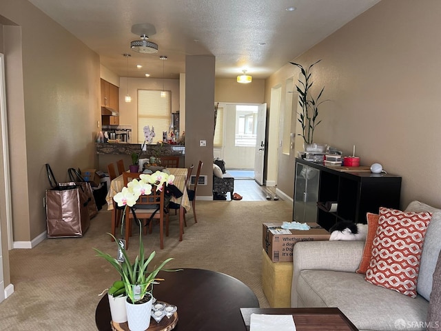 living room with light colored carpet