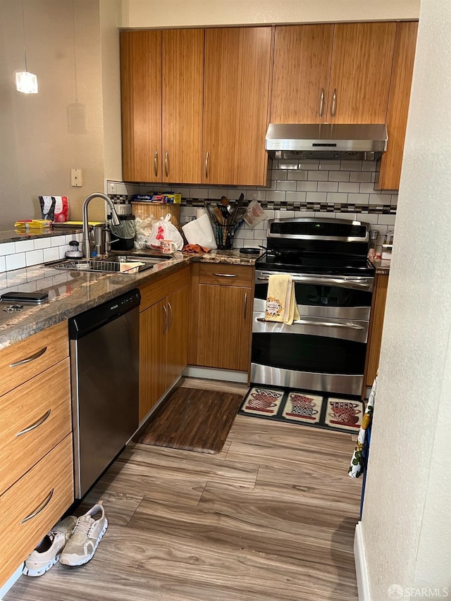 kitchen featuring appliances with stainless steel finishes, tasteful backsplash, pendant lighting, sink, and extractor fan