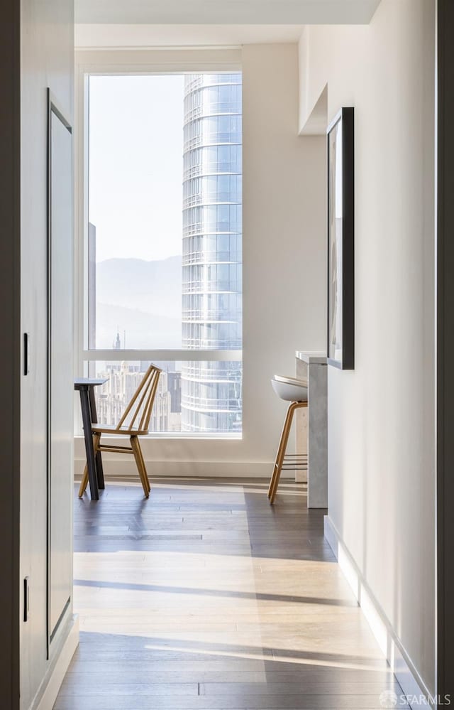 interior space with a healthy amount of sunlight, light hardwood / wood-style floors, and a mountain view