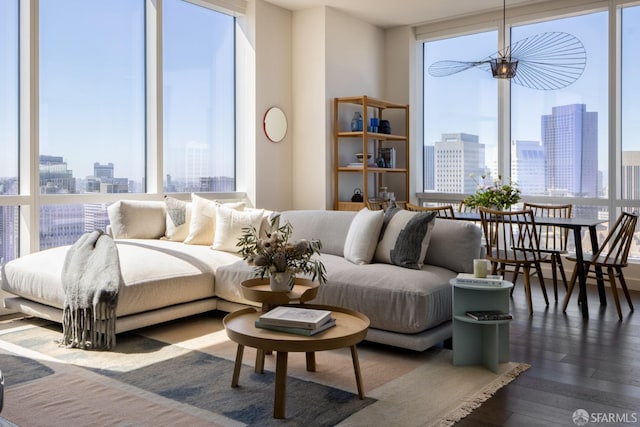 living room featuring expansive windows, dark hardwood / wood-style flooring, and a healthy amount of sunlight