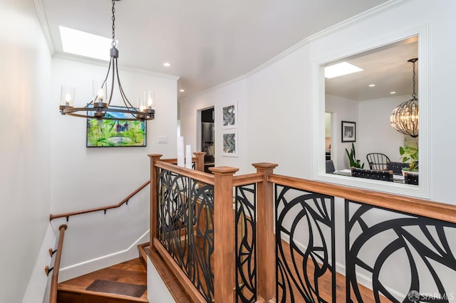 117 Meadowbrook Dr, San Francisco, CA 94132 - staircase featuring a chandelier, wood finished floors, ornamental molding, and recessed lighting