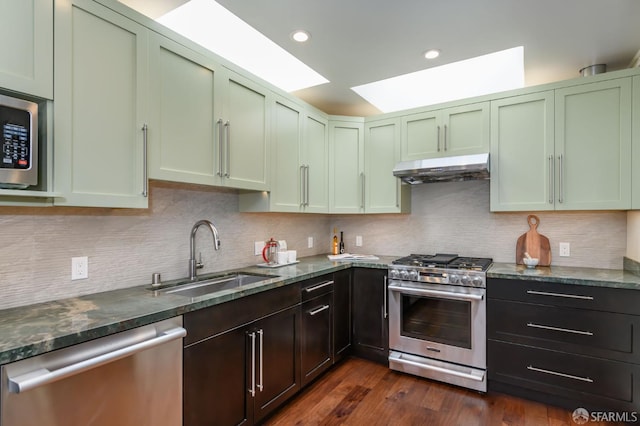117 Meadowbrook Dr, San Francisco, CA 94132 - kitchen featuring appliances with stainless steel finishes, green cabinetry, under cabinet range hood, backsplash, and recessed lighting