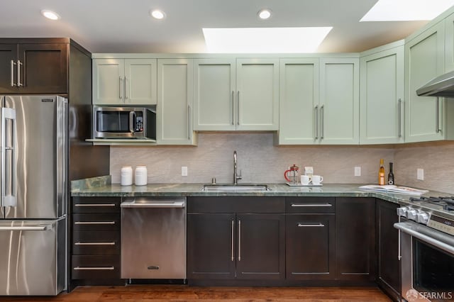 117 Meadowbrook Dr, San Francisco, CA 94132 - kitchen featuring stainless steel appliances, a skylight, green cabinetry, backsplash, and recessed lighting
