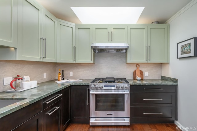 117 Meadowbrook Dr, San Francisco, CA 94132 - kitchen featuring gas stove, green cabinetry, a skylight, under cabinet range hood, and backsplash