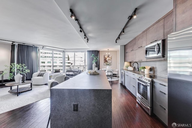 kitchen featuring a sink, dark wood-type flooring, appliances with stainless steel finishes, and track lighting