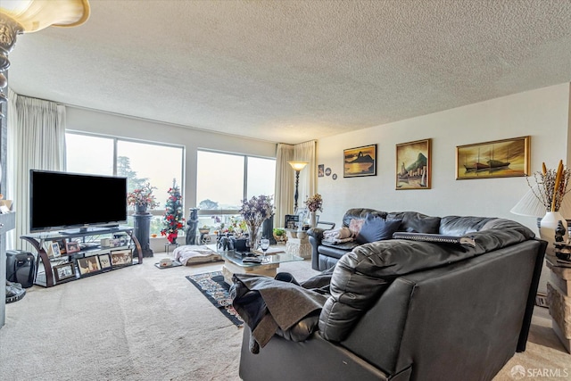 carpeted living room with a textured ceiling