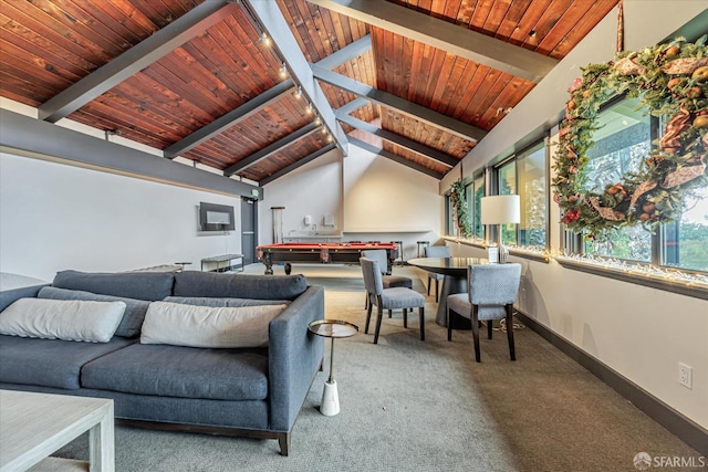 living room with carpet, lofted ceiling with beams, billiards, and track lighting