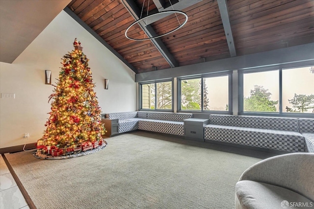 interior space featuring tile patterned flooring, vaulted ceiling with beams, and wood ceiling