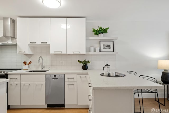 2364 Pacific Ave Unit 3, San Francisco, CA 94115 - kitchen with dishwasher, a sink, wall chimney exhaust hood, open shelves, and tasteful backsplash